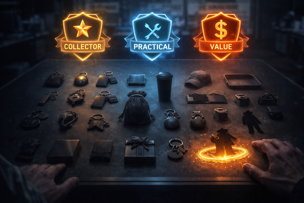 Moody tabletop packed with shadowy bonus items under three glowing badges—collector vs practical vs best value—cold, calculating store-choice tension and greedy excitement