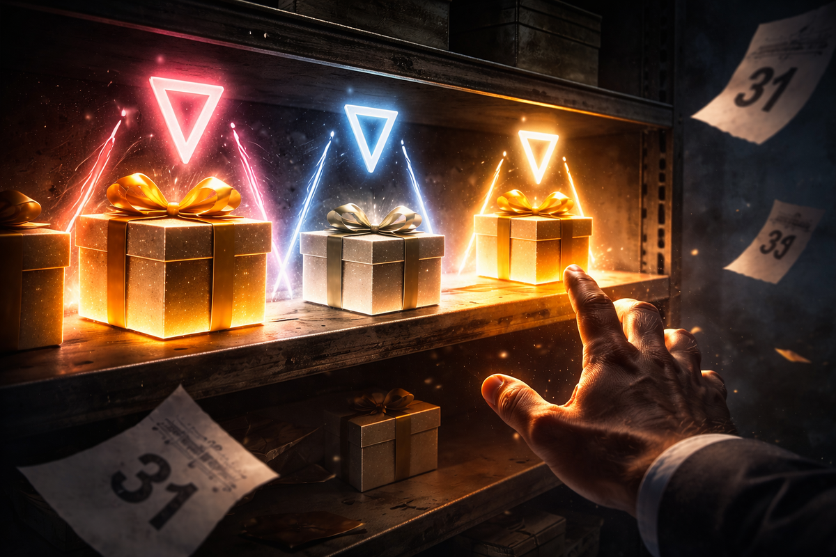 Hand reaching toward three blazing gift boxes on a gritty shelf, each marked like a dangerous choice—limited stock panic, split-second decision, heart-racing scarcity heat