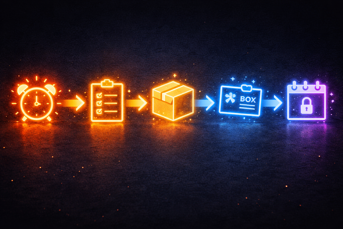 Neon step-by-step flow of icons—alarm → checklist → box → voucher → lock—laser-clear “claim it before it’s gone” urgency, satisfying control, zero-mistake energy