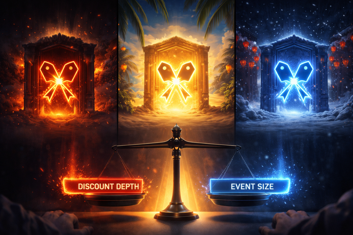 Three glowing portals balanced on a dramatic scale—discount depth vs event size showdown, fiery vs frosty tension, decisive “which sale actually wins” vibe
