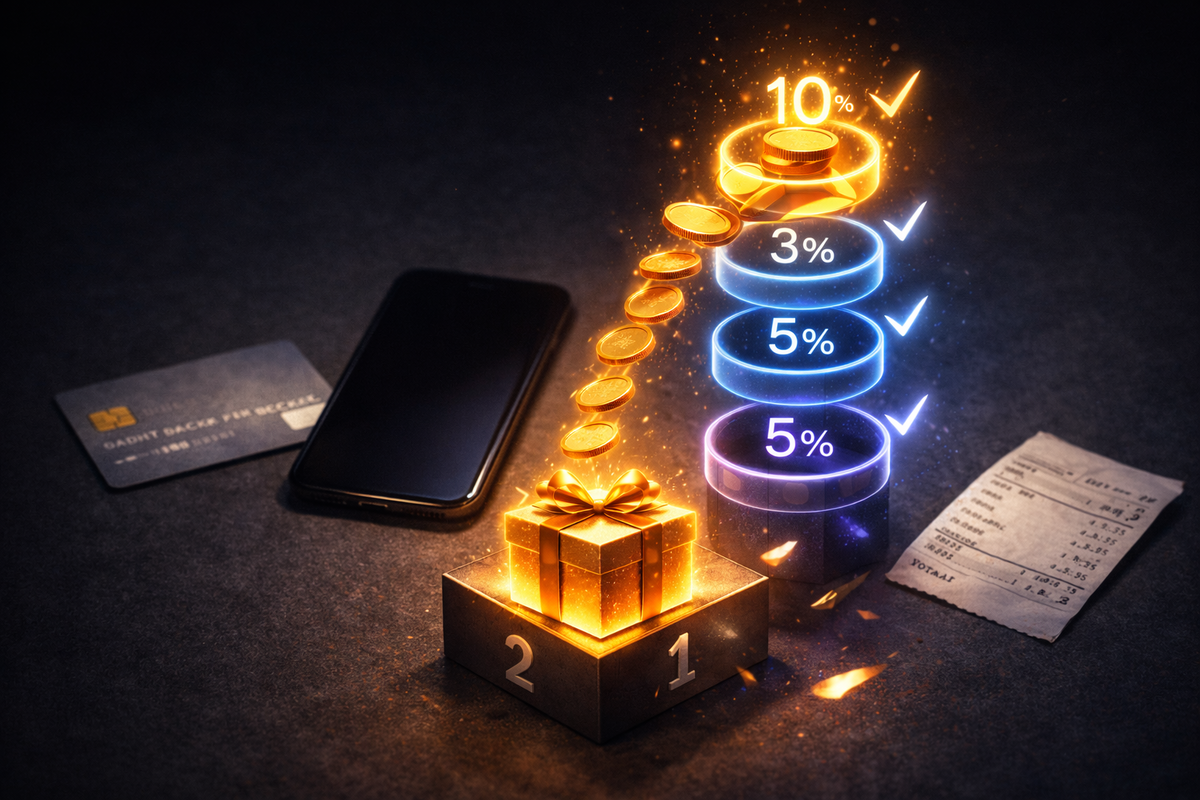 Shimmering cashback stack (10% → 3% → 5%) exploding from a gift box beside a phone, card, and receipt—points-maxing thrill, money-sense adrenaline, “opt-in or regret” mood
