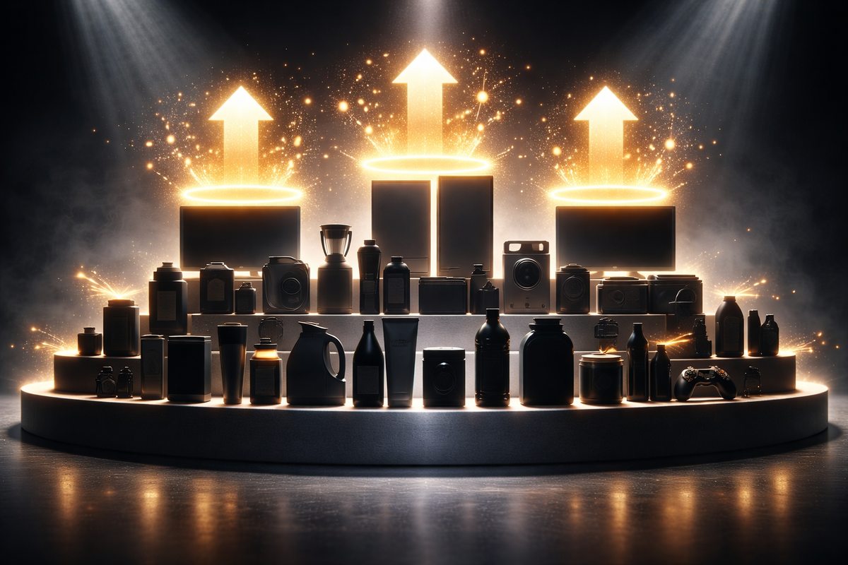 Spotlit stage of must-have gadgets and home essentials with three giant arrows blasting upward—top deals ranking hype, jackpot anticipation, “this is the haul” excitement