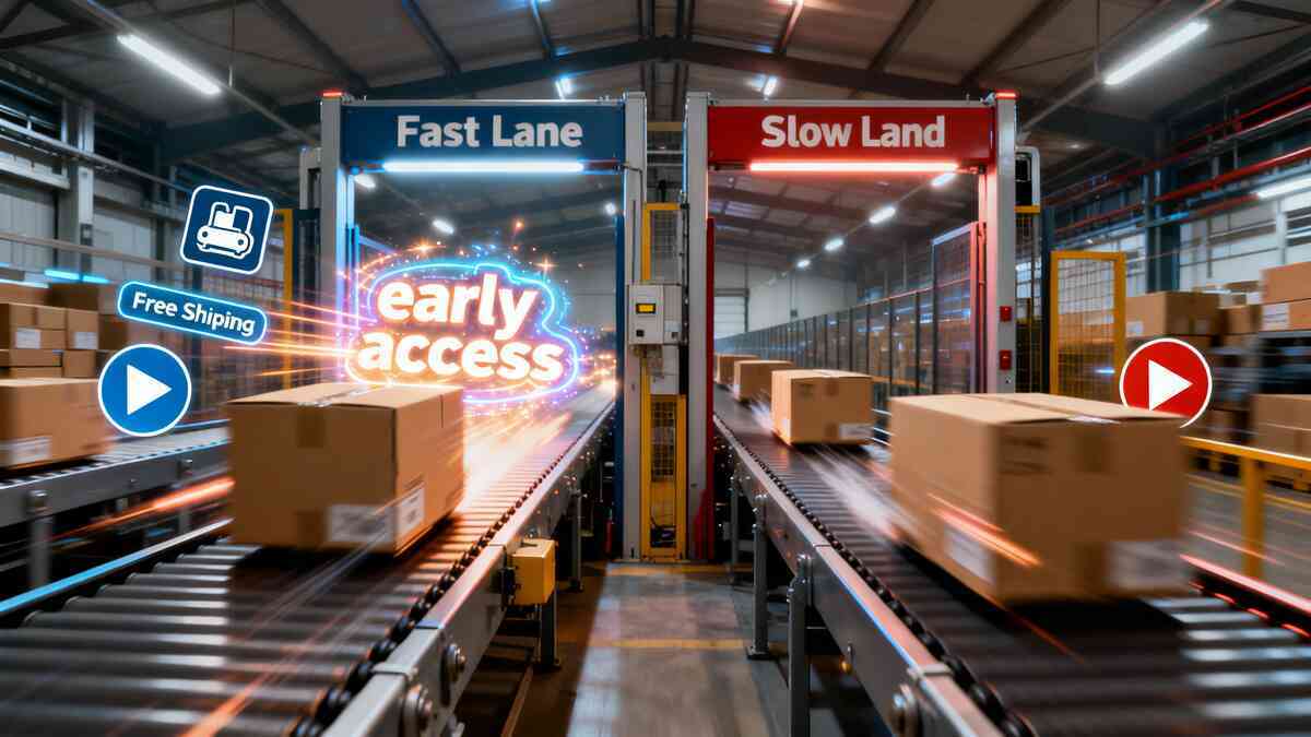Split conveyor system: Fast Lane vs Slow Lane with “early access” glow—speed advantage drama, delivery dopamine, ruthless “be first or lose” momentum