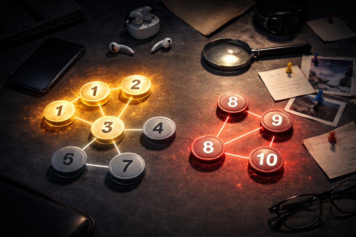 Detective-style desk with glowing numbered tokens linked like a map—“winning” and “losing” box numbers exposed, obsessive hunt energy and cold-focus strategy