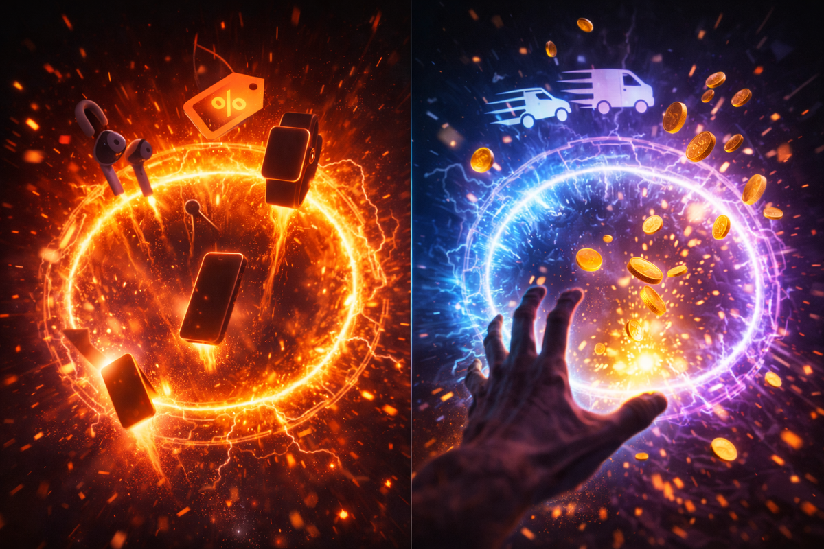 Split-screen vortex: fiery deals pull gadgets in, icy portal rains coins and fast delivery icons—two temptations colliding, adrenaline-fueled “buy now” pressure