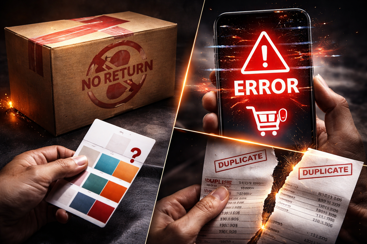 No-return box beside a screaming red checkout error—duplicate receipts ripped in half, sparks flying—nightmare purchase mistakes and gut-punch frustration