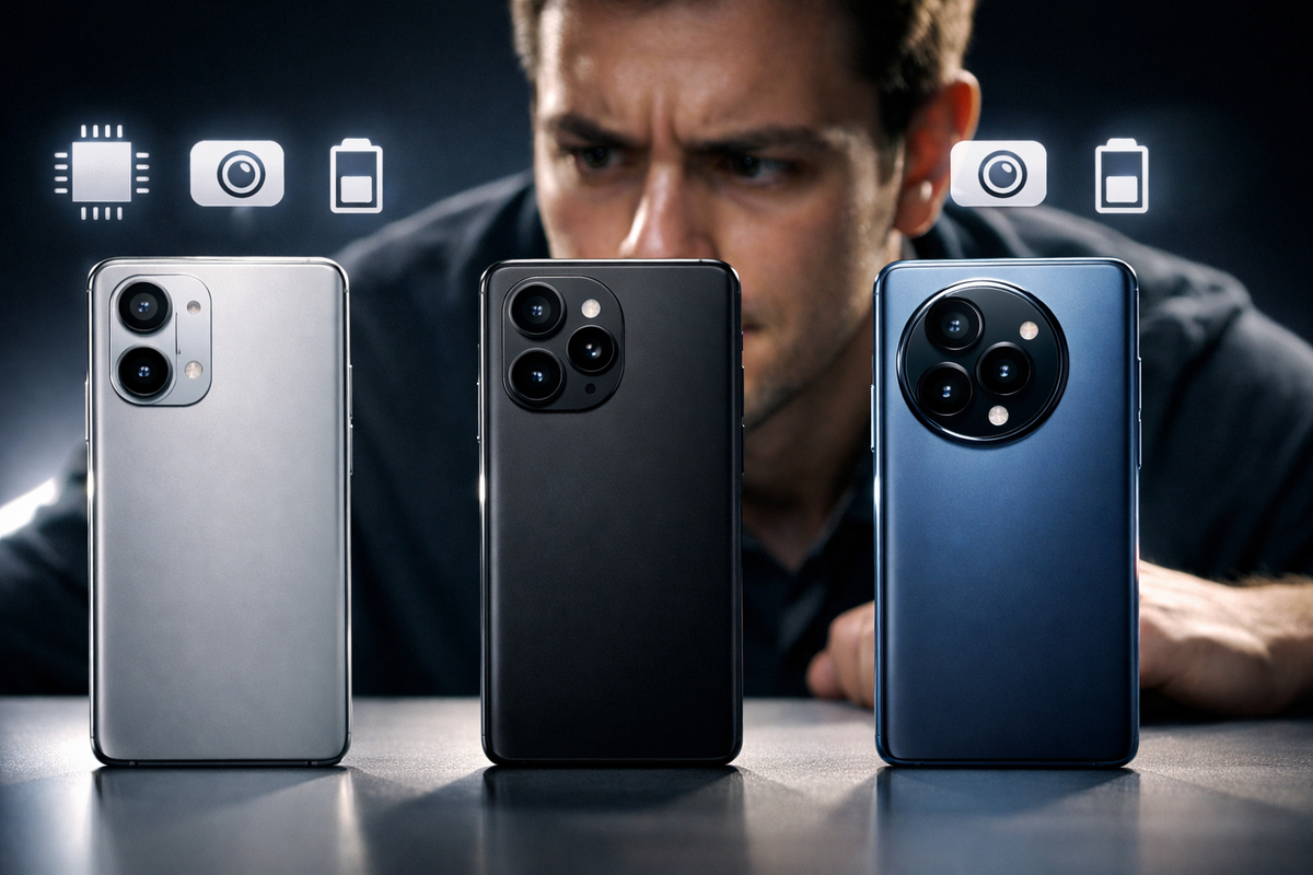 Three flagship phones lined up like rivals—buyer’s intense stare and floating camera/battery icons spark a high-stakes “which one wins” comparison, decision anxiety turned adrenaline