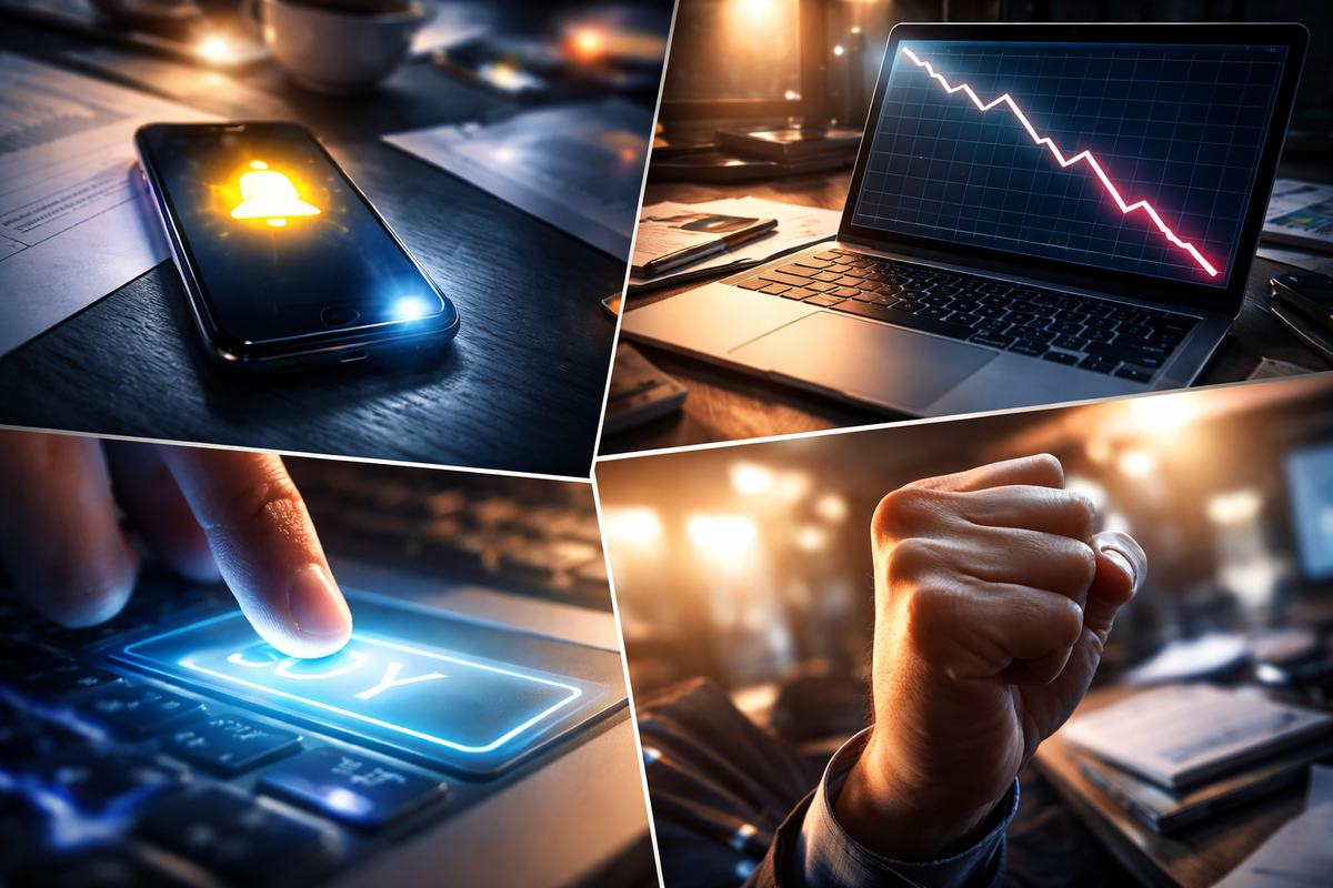 Deal-war collage: glowing alert bell, plunging price chart, finger slamming “BUY,” and a clenched victory fist—pure panic-to-triumph energy in one frame, made for fast clicks