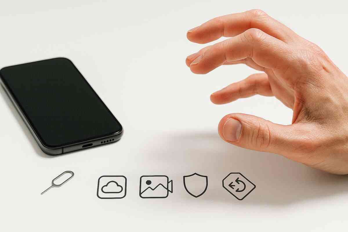 Beginner’s buying checklist on a clean desk—SIM tool, storage cloud, photo/video, warranty shield icons as a nervous hand hovers over a phone, hesitant but ready to commit