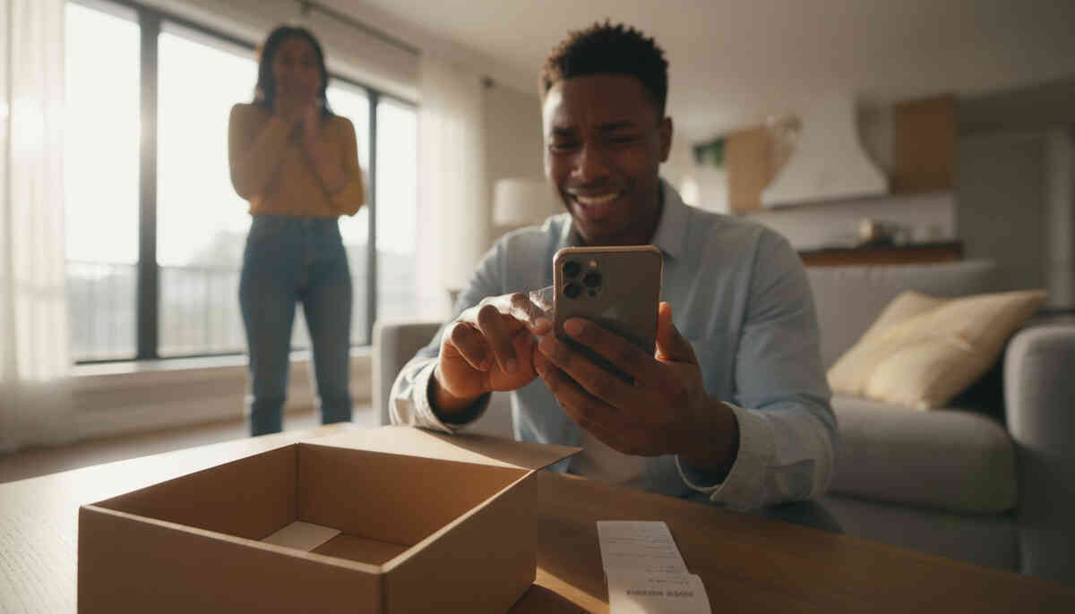 Real unboxing euphoria—buyer grinning with teary-eyed relief as a friend reacts in shock behind them, empty box and receipt on the table, wholesome “we actually scored it” joy