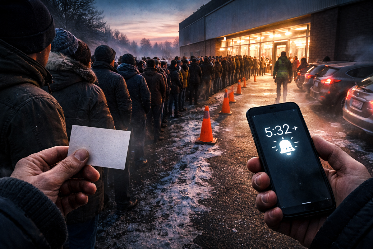 Endless winter line snaking to bright doors—hand gripping a blank entry ticket while a phone alarm screams pre-dawn urgency—high-stakes “get there first” survival mode