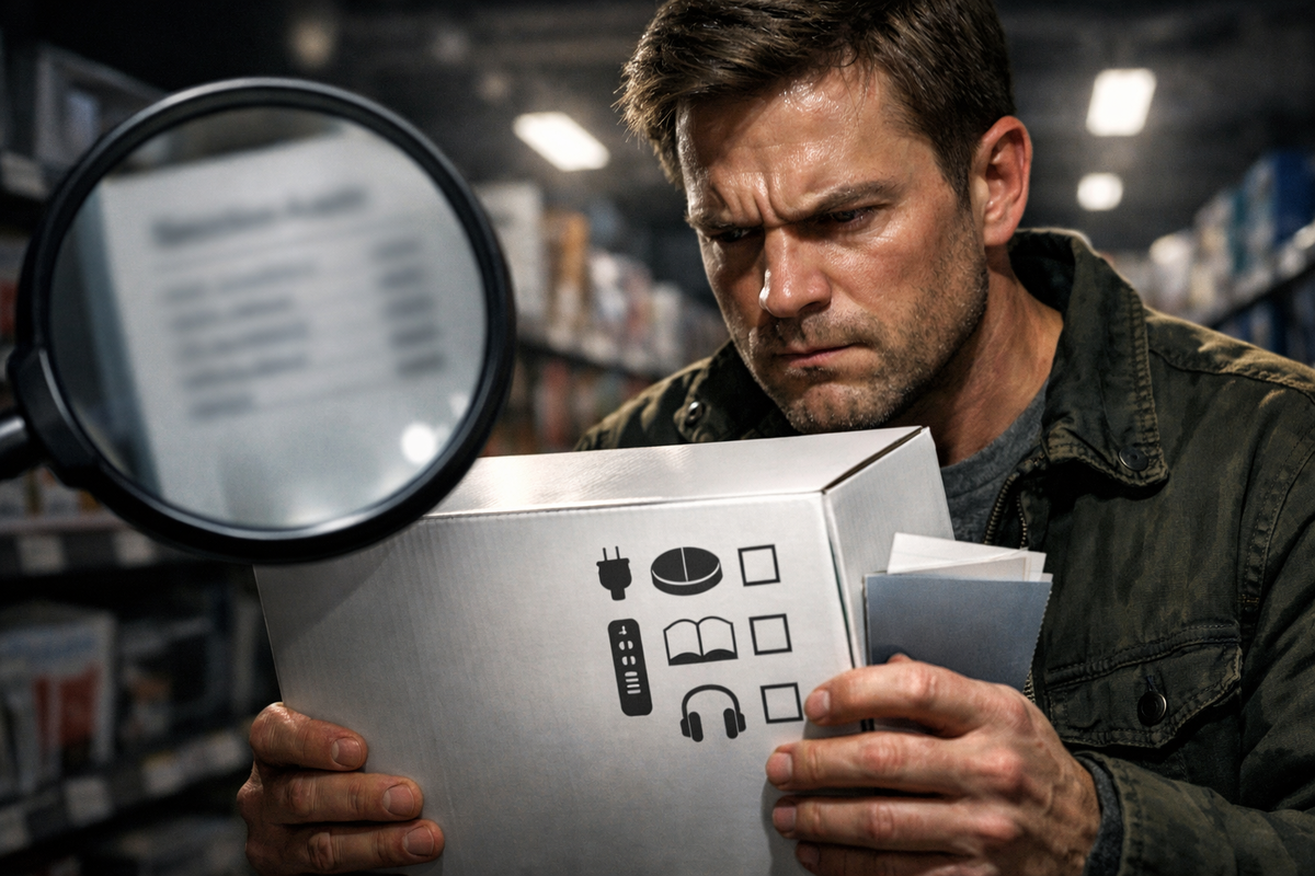 Intense shopper glare under harsh aisle lights—magnifying glass over a box label, clenched focus and suspicion—“avoid the dud” paranoia, ruthless value-hunting mood
