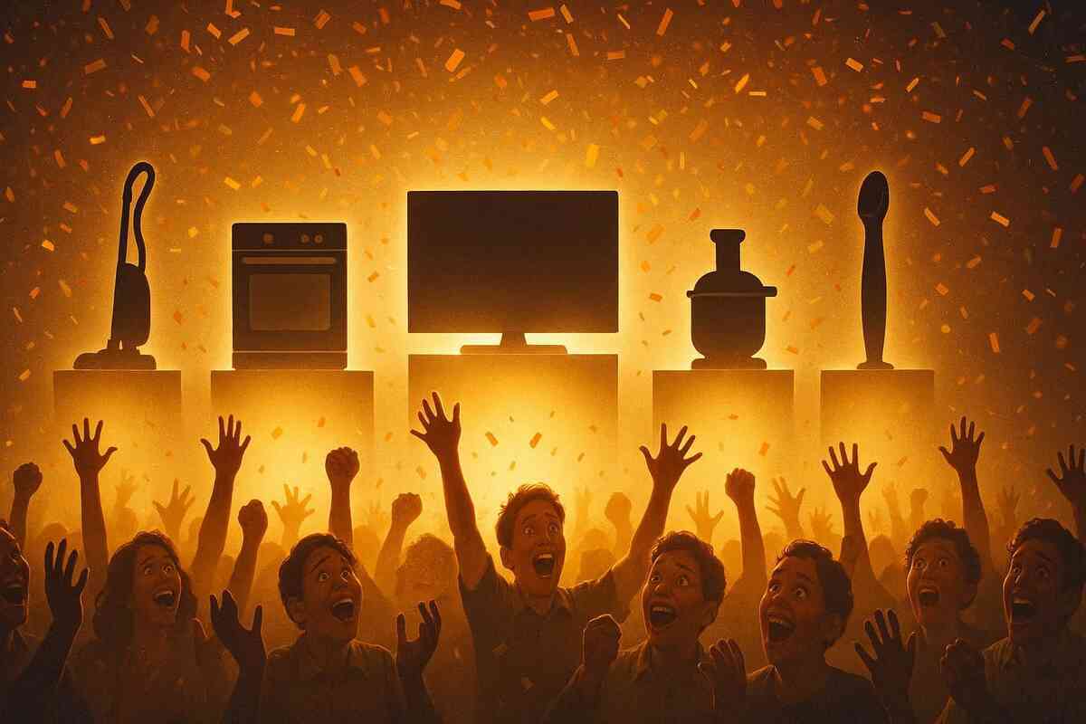 Golden confetti storm over a cheering crowd—appliance silhouettes on podiums like trophies—pure hype, collective euphoria, winner-takes-all deal fever
