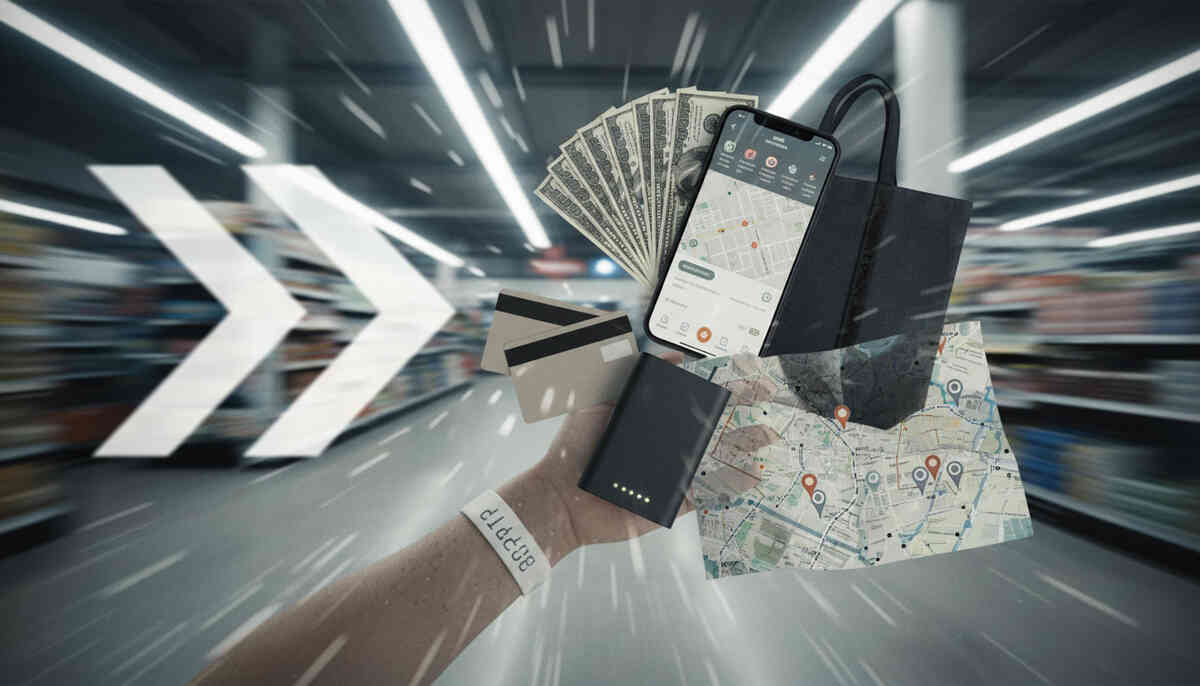 Blur-speed shopping mission in motion—hand holding phone map, cash fan, card, power bank, and a bag—turbo momentum, decisive strategy vibes, “move now or lose” urgency