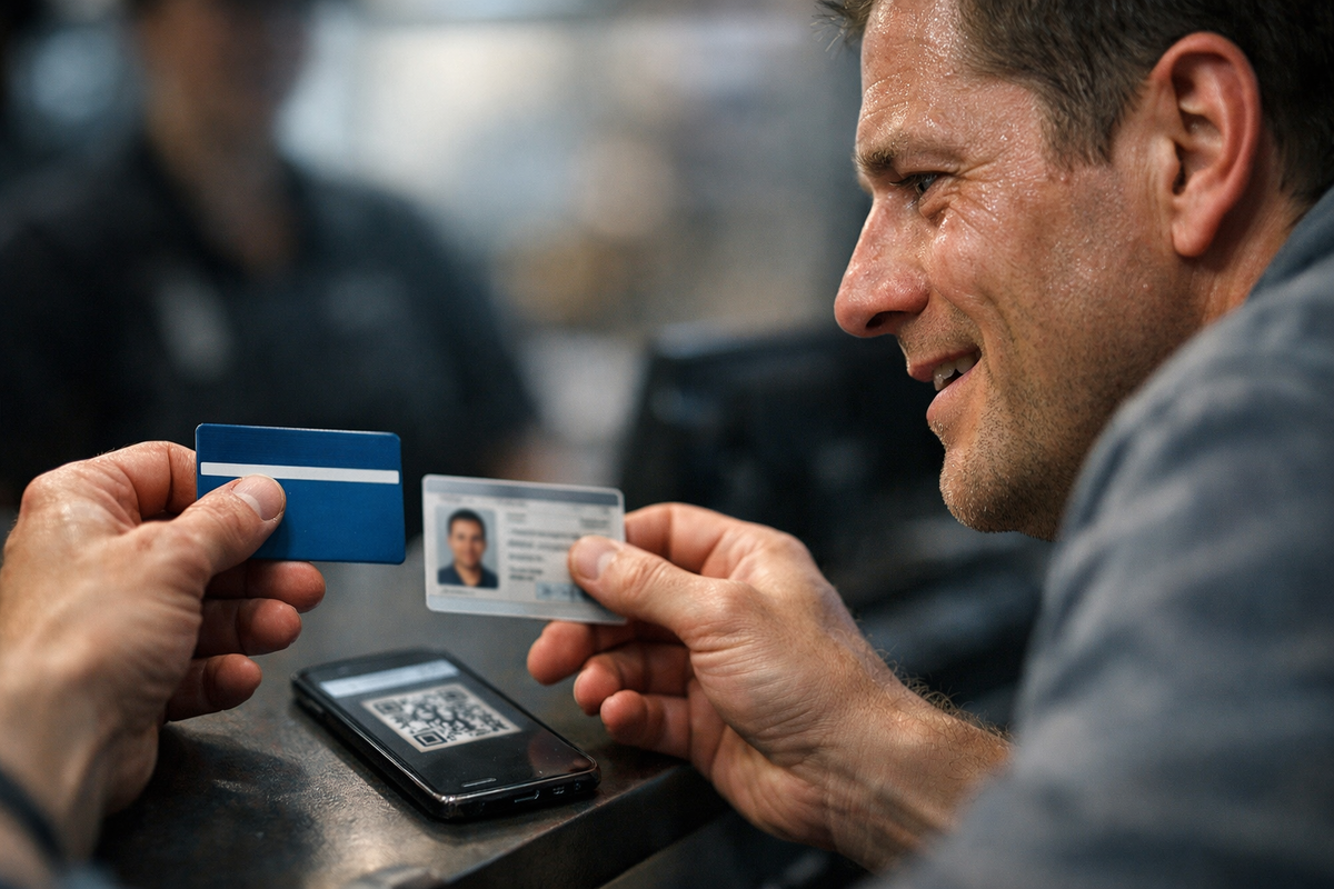 Make-or-break checkout close-up—hands clutching a blank membership card and ID beside a QR-style phone screen, sweaty suspense turning into a triumphant grin, heart-racing urgency 