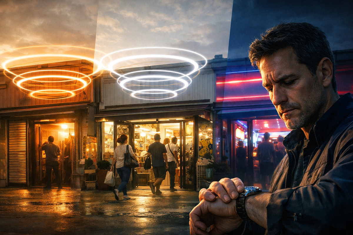 Restock timing drama—storefront in shifting light (morning → noon → night) with pulsing halo rings overhead, a tense shopper checking the clock, high-stakes “go now or miss it” energy 