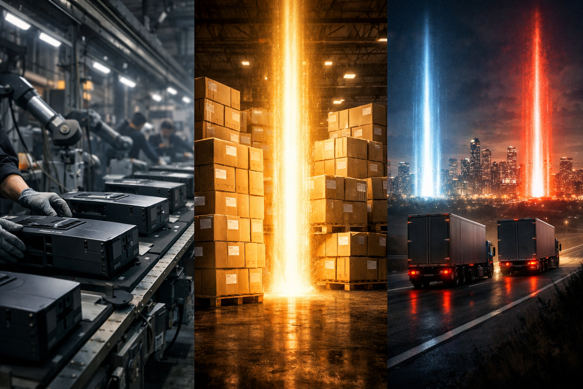 Supply finally unleashed—factory assembly, towering shipping boxes, and trucks racing toward the city, explosive beams of light like a floodgate opening, intense momentum, victory-lap vibes 