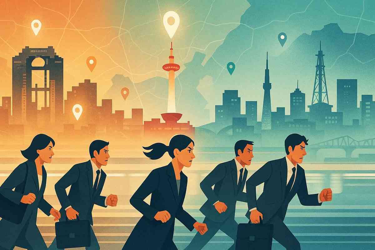Kansai hotspot chase—stylized city skyline with glowing map pins as determined commuters sprint forward, competitive rush, FOMO pressure, “move fast” adrenaline in the air 