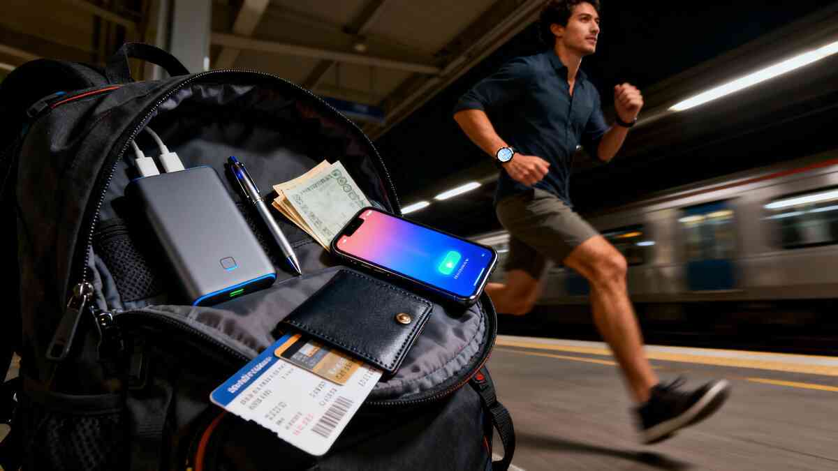 Grab-and-go survival kit—open backpack packed with charger, wallet, cash, tickets and a glowing alert phone, runner sprinting past a speeding train, frantic hustle, don’t-waste-a-second urgency 