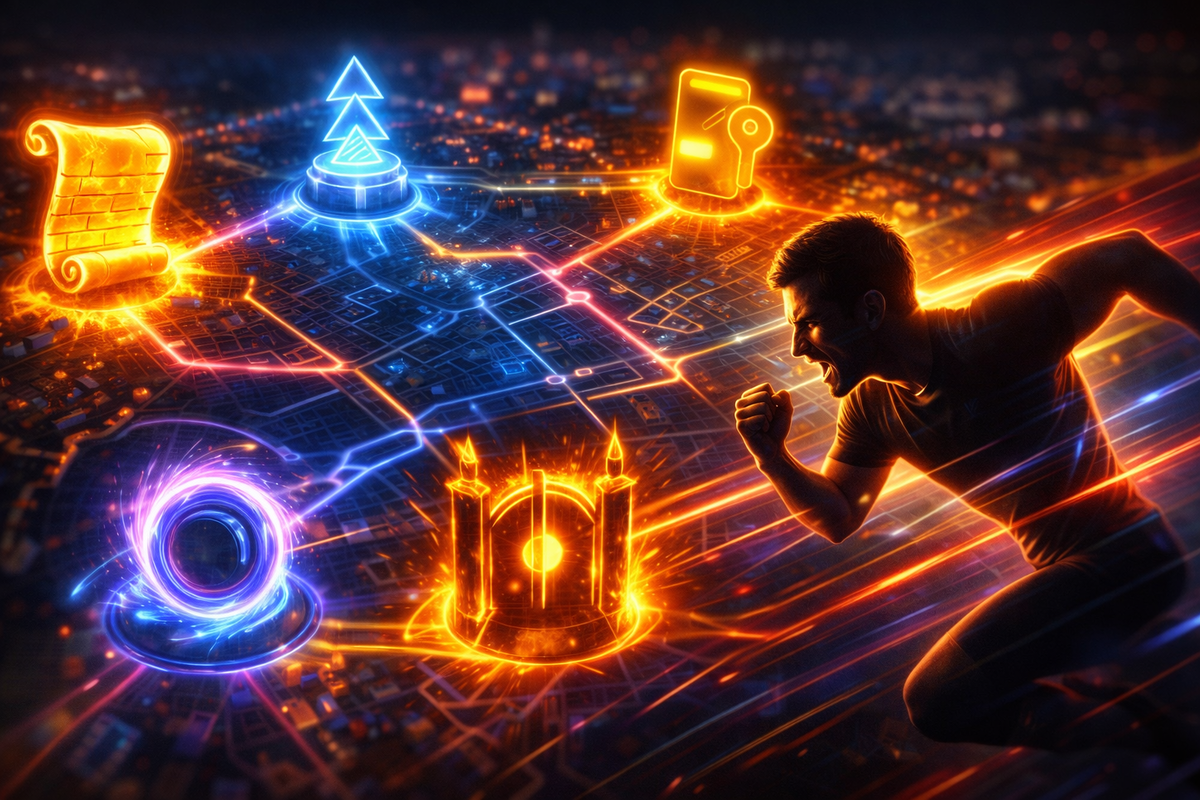Neon city-map route storm with glowing quest icons and a sprinting player mid-shout—five fastest unlock paths colliding, frantic hype, “get it NOW” adrenaline 