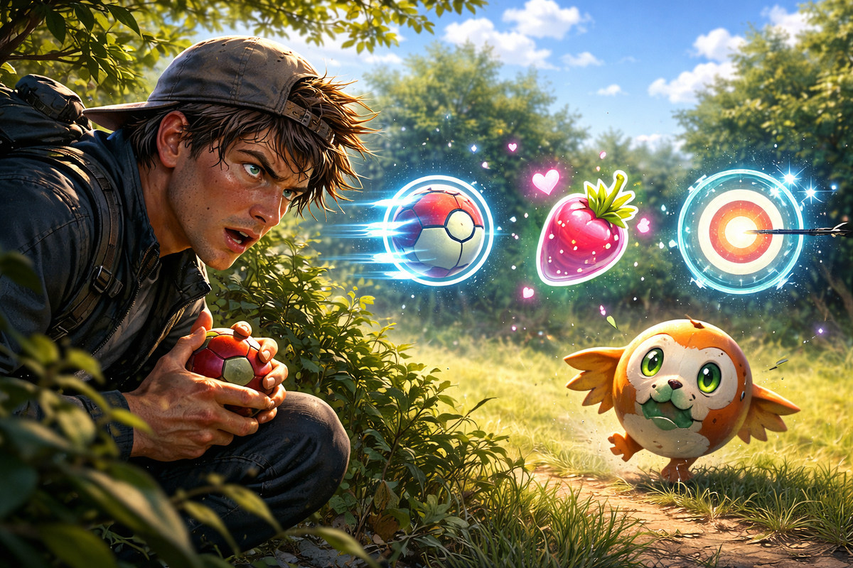 Sweaty stealth capture in bright grass—nervous grip on a ball, target about to bolt, quick-throw + bait + backstrike vibes exploding, panic-to-hope rush 