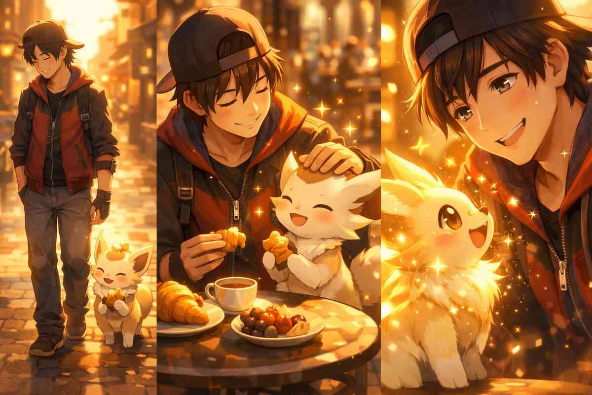 Golden-hour bonding montage—gentle head pats, café treats, sparkly trust moments with teary smiles, warm comfort energy that screams “evolve with love” 