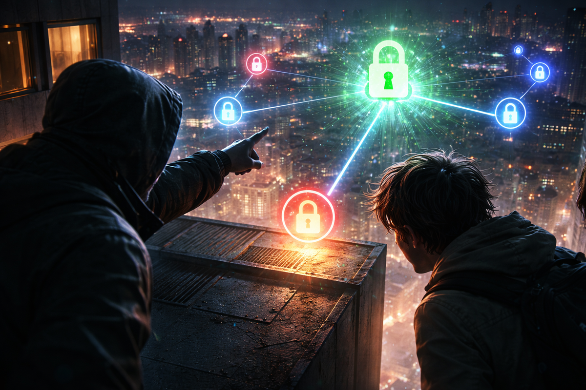 Rooftop “unlock map” shock—hooded mentor pointing at glowing lock nodes over a night city, one big green lock exploding open, sweaty anticipation, finally-unlocked adrenaline 