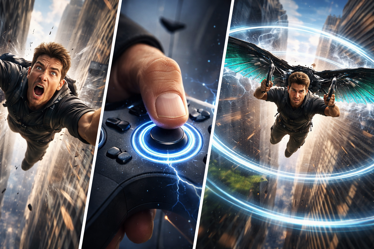 Three-panel panic-to-control moment—midair freefall scream, thumb smashing the crucial button, then a wild winged glide burst, heart-stopping timing, cinematic rescue energy 