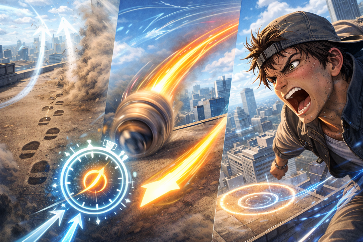 Dash-roll-glide mastery montage—dust trails, spinning boost arc, blazing speed arrow and pinpoint landing circle, rage-fueled determination, “distance doubles” cheat-code thrill 
