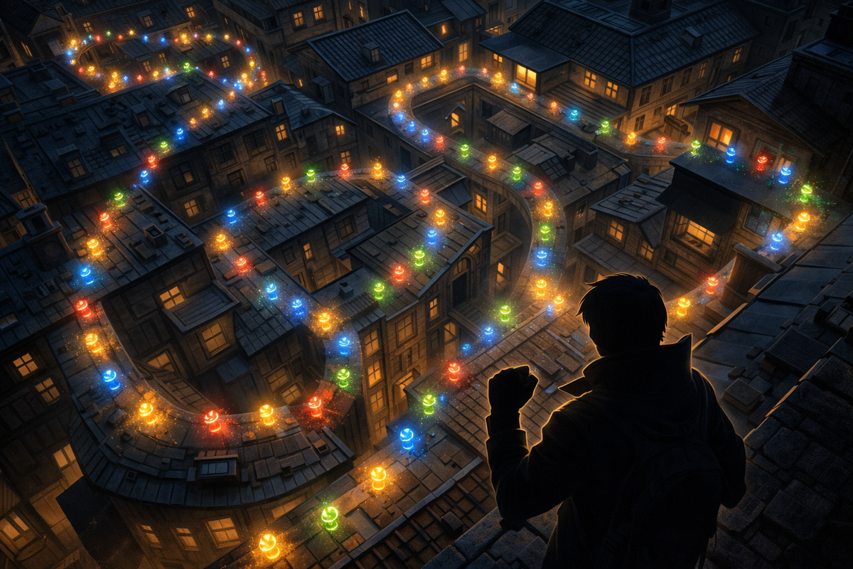 100-collectible rooftop labyrinth—colorful glowing trail snaking through tight alleys and roofs, clenched-fist completionist obsession, addictive “I must finish this route” energy 