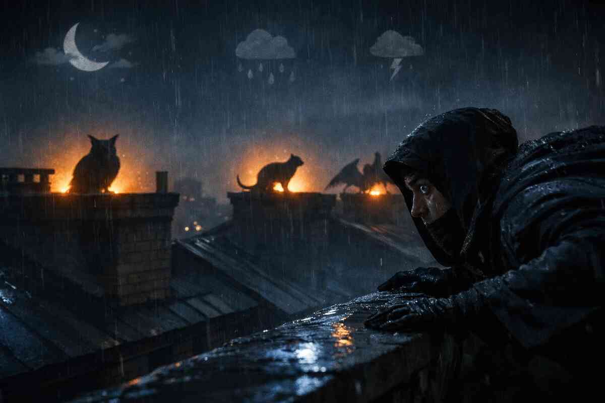Rainy night rooftop hunt—hooded figure scanning ledges under moon and storm icons, rare silhouettes glowing in the distance, tense stealth vibes, “one slip and it’s gone” dread 