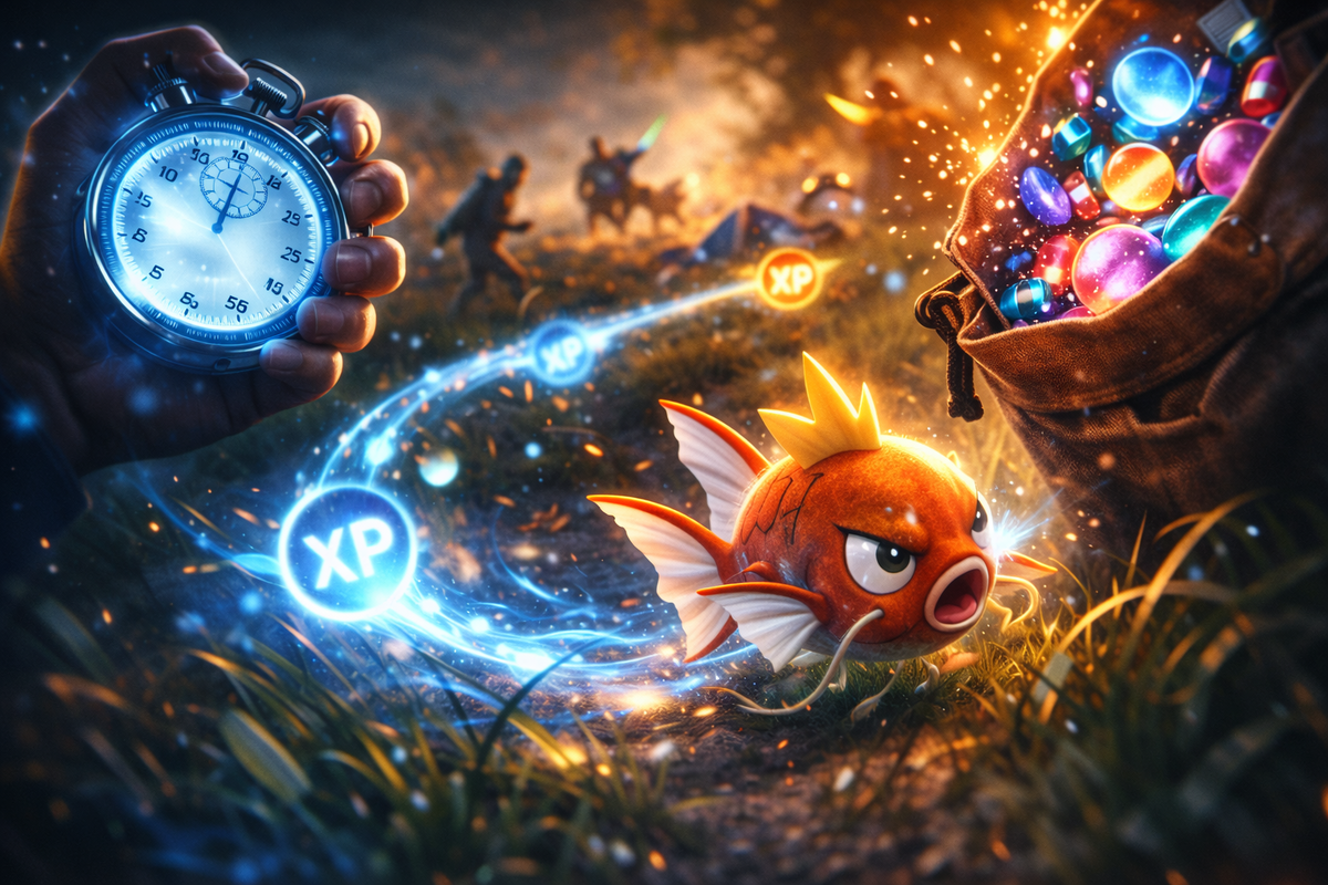 Angry little orange fish sprinting past swirling XP orbs, a stopwatch in hand and a bag of sparkling candy loot—speedrun grind vibes, frantic momentum, power-up obsession