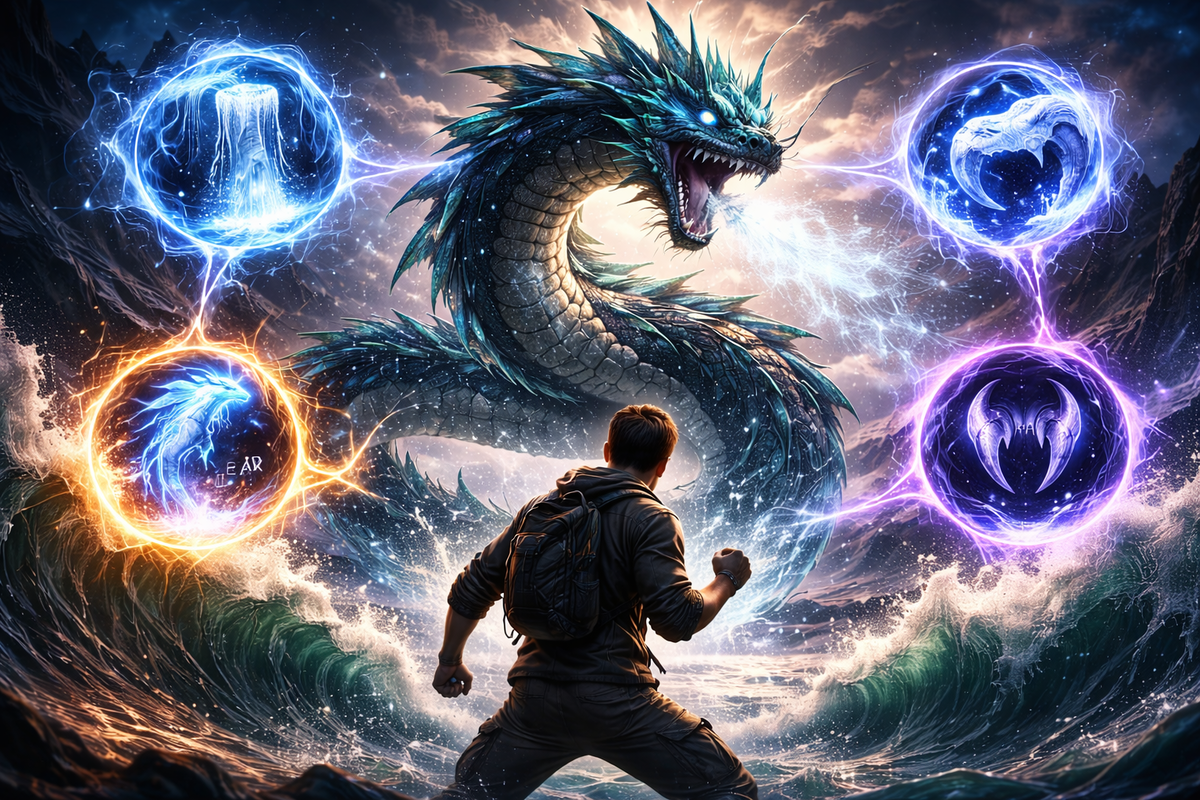 A roaring ocean leviathan towering over crashing waves while four glowing move-orb icons connect like a battle web—boss-fight dread turned unstoppable confidence, meta-ready energy