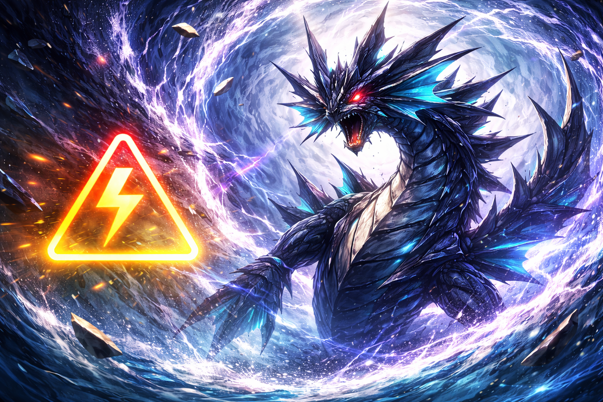 Rage-eyed spiked sea-dragon trapped inside a violent vortex with a neon lightning warning—electric-threat panic, high-stakes risk, “one mistake and you’re done” intensity