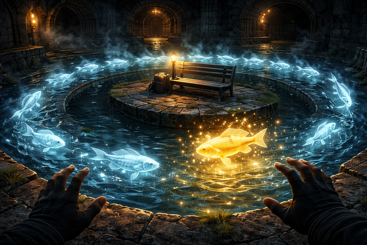 Underground water arena with a lone bench and lantern as ghostly fish circle a single glowing gold fish—shiny-hunt suspense, goosebumps silence, jackpot sparkle in the dark