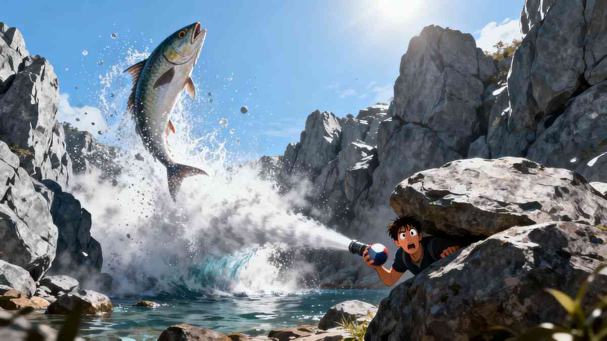 A massive fish rockets out of a canyon river as a shocked explorer clutches a capture ball from behind rocks—heart-pounding ambush, chaotic splash, “catch it NOW” urgency