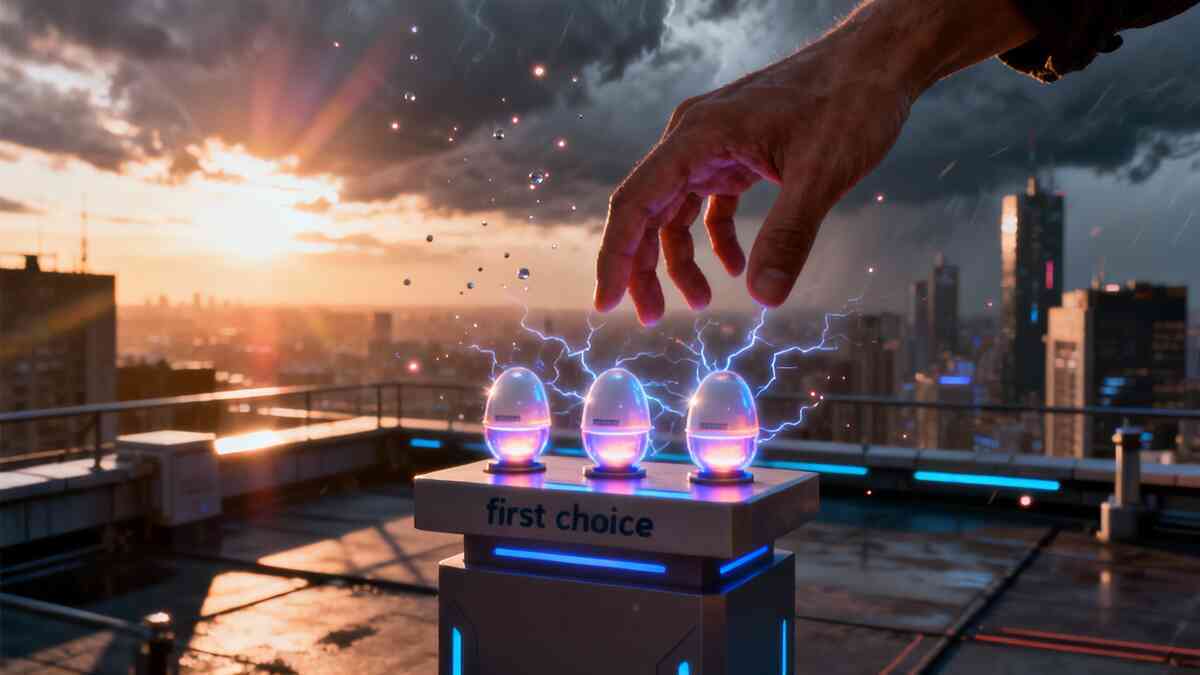 Stormy rooftop at sunrise—three glowing starter capsules crackling with blue electricity as a trembling hand hovers to choose, heart-pounding “first pick” tension and irreversible destiny vibes