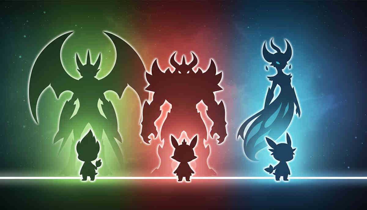Three tiny starter silhouettes facing their towering final forms on a split green–red–blue horizon—goosebump moment of “who will you become,” pure anticipation and fear of choosing wrong