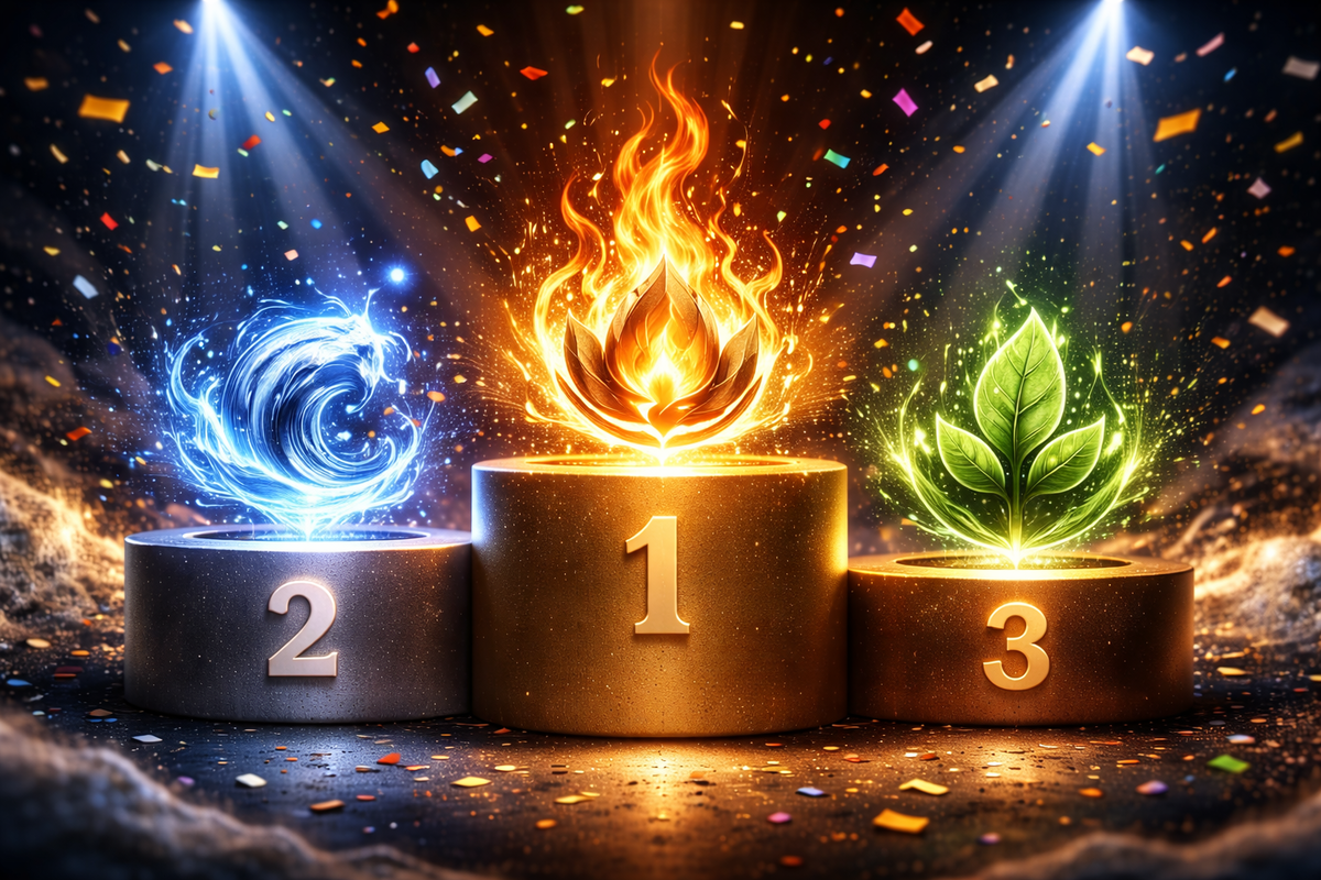 Victory podium 1–2–3 with blazing fire crowned #1, raging water #2, radiant leaf #3—confetti storm, winner’s adrenaline, and ruthless “best starter” ranking drama