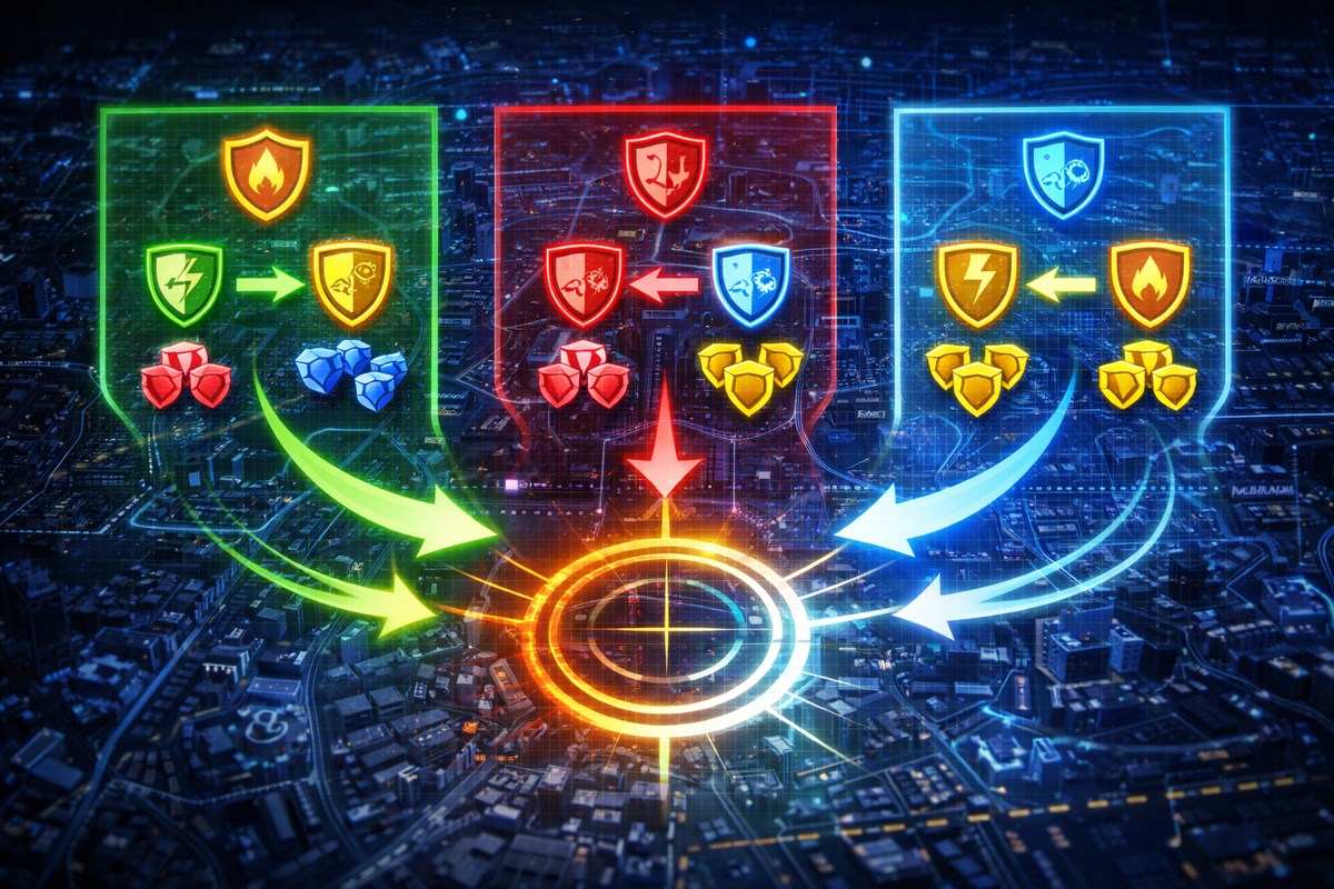 Night city war-map with three color-coded strategy panels feeding into a glowing target—type-matchup icons, arrows, and loot symbols screaming high-stakes planning and decisive “build the perfect team” urgency