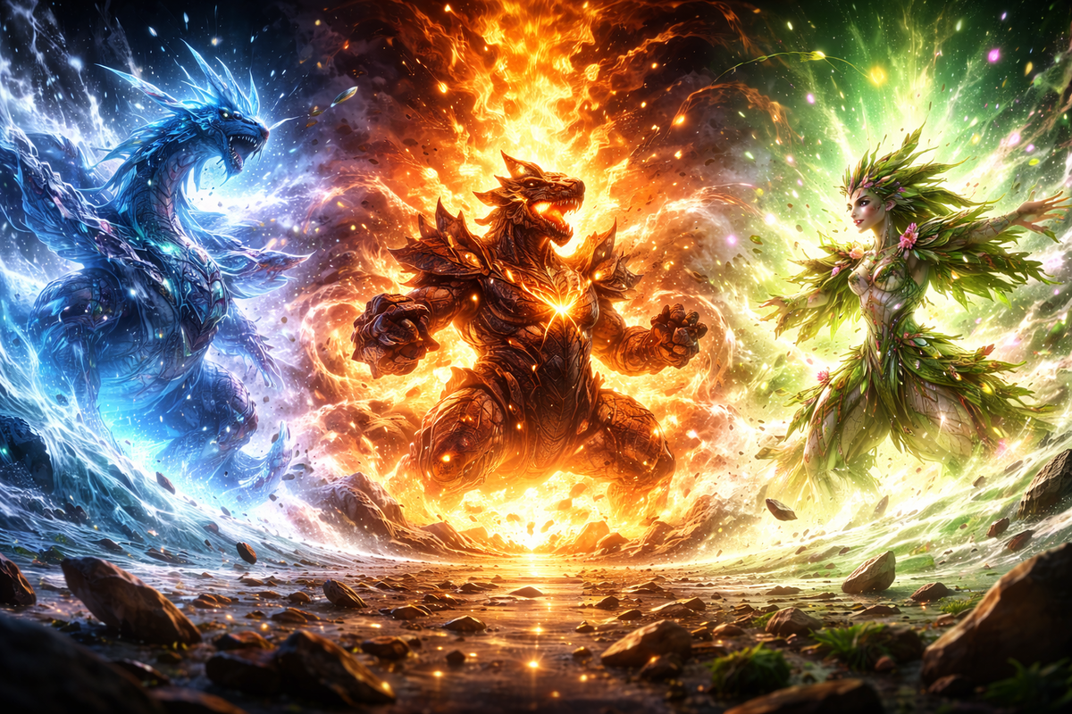Explosive elemental showdown—ice-blue sea dragon, molten fire titan, and luminous grass spirit colliding in a shockwave of power, jaw-drop awe and raw “starter choice decides your fate” energy
