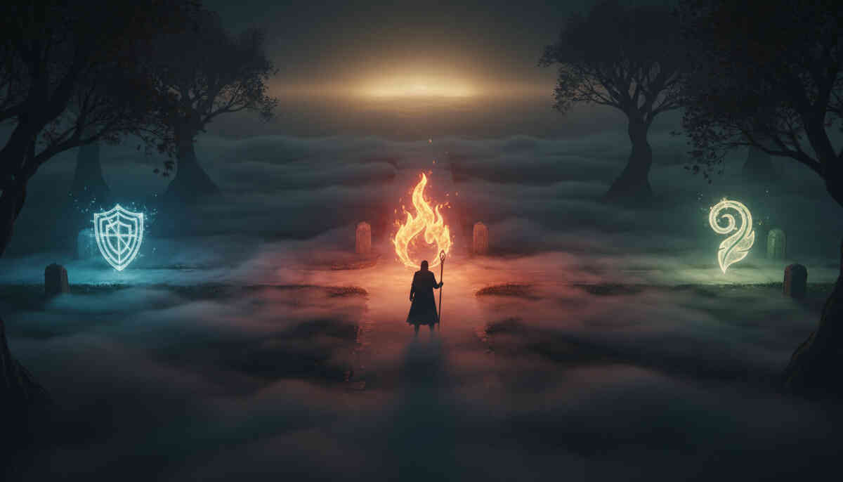 Fog-drenched crossroads with a lone traveler holding a flaming torch—three spectral paths marked by shield, flame, and mystery symbols, eerie suspense and “one choice changes everything” dread