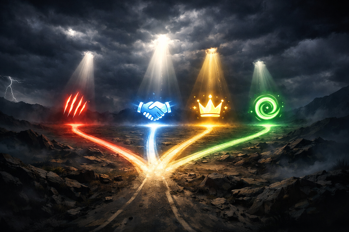 Four glowing paths under a stormy sky—wild encounter, trade link, boss hunt, and portal route splitting at once, high-stakes choice anxiety with lightning-charged determination