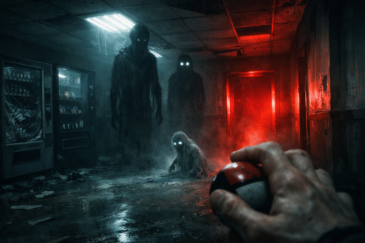 Point-of-no-return hallway—shaking hand gripping a red capture sphere as three eerie glowing-eyed specters close in, claustrophobic fear, adrenaline surge, and do-or-die tension