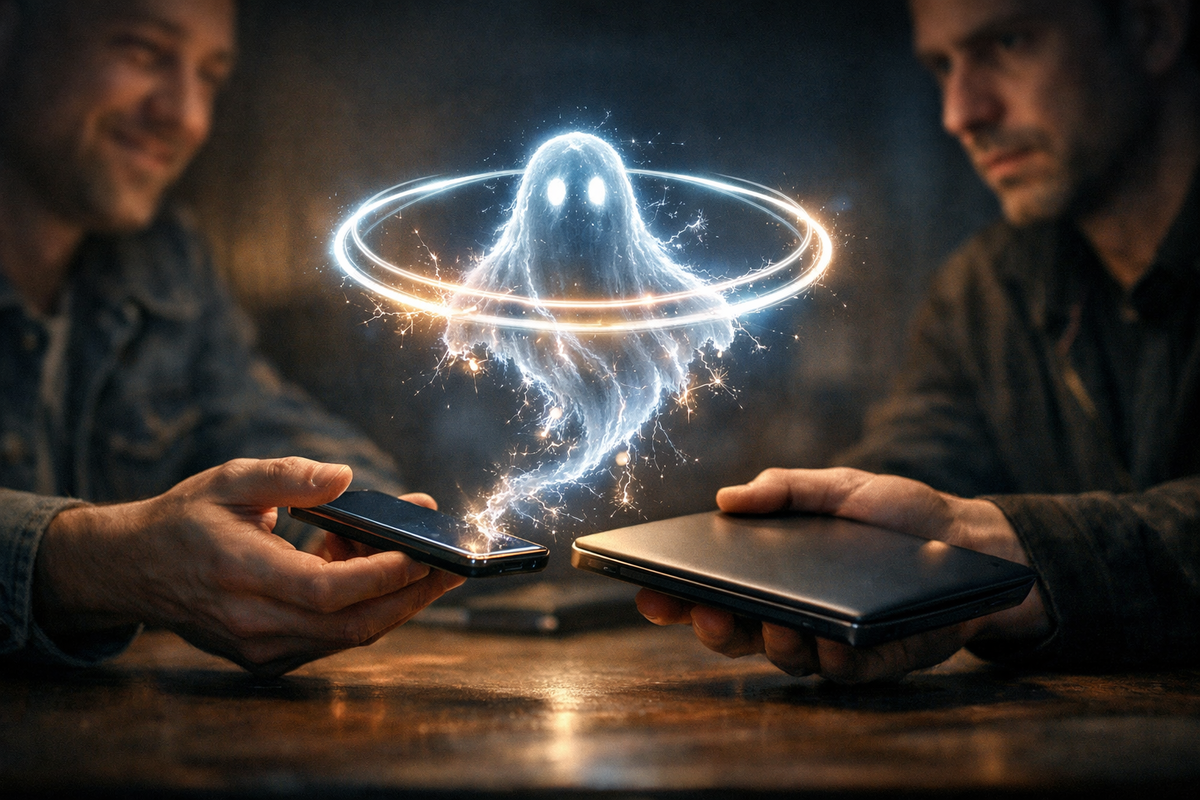 Risky trade moment—two hands swap devices as a bright ghostly hologram crackles between them, uneasy trust, suspenseful anticipation, and relief on the edge of regret