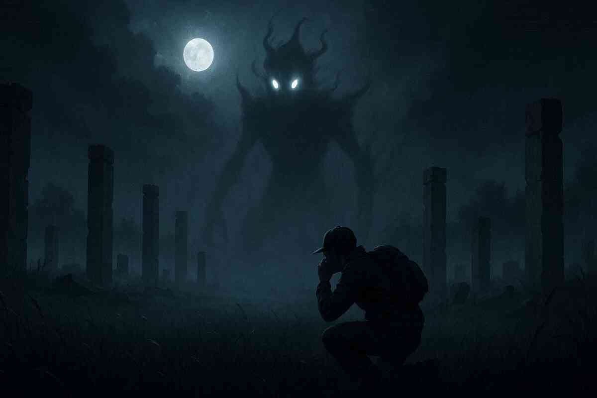 Moonlit ruins ambush—crouched hunter hiding in tall grass while a colossal shadow phantom watches with piercing eyes, silent terror, stealth focus, and heart-pounding stakes