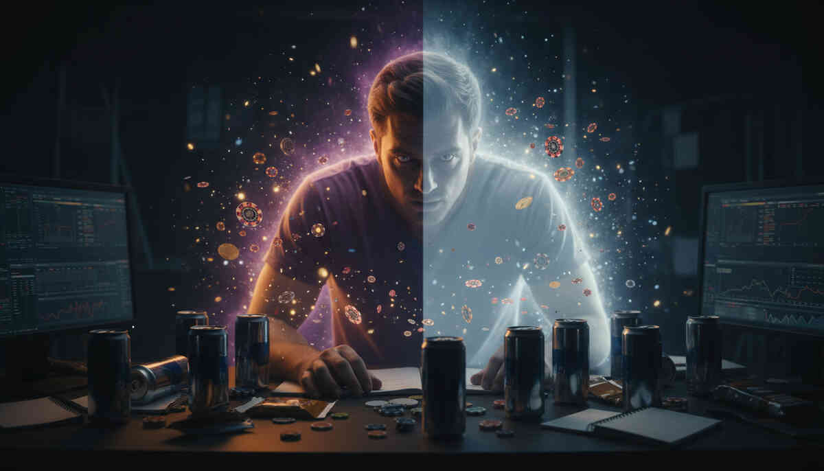 All-night grind obsession—intense gamer locked in at a cluttered desk as sparkling particles split the scene in two, burnout, tunnel vision, and “one more run” desperation