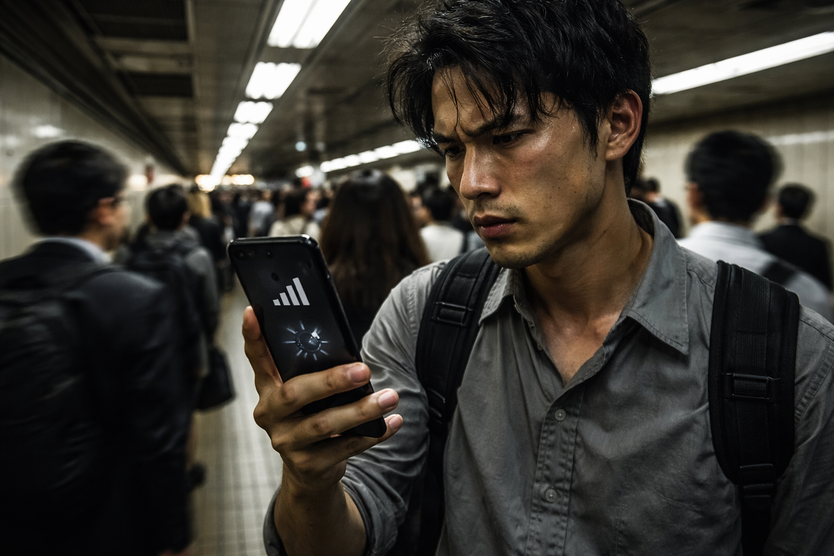 Crowded subway tunnel, sweat and frustration—commuter glaring at a frozen loading icon on his phone—gritty urban despair and digital suffocation in rush-hour darkness