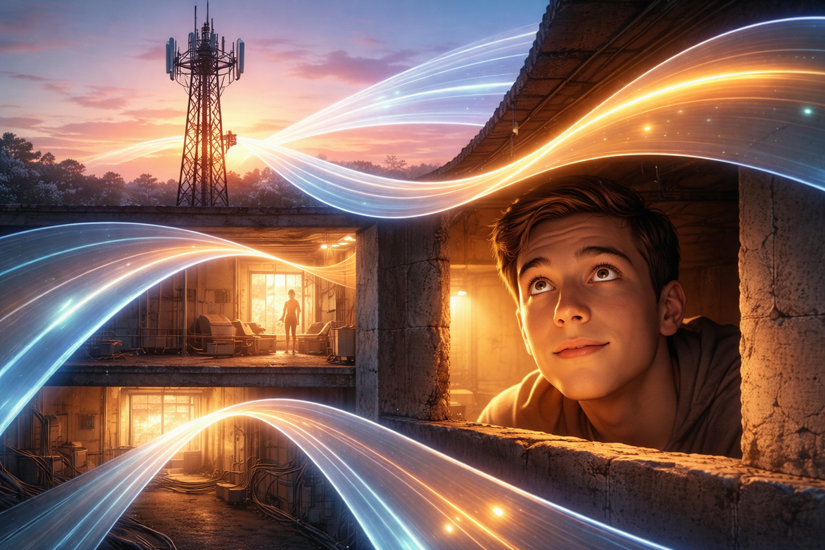 Golden sunset over a cell tower streaming warm and cool light waves—young man gazing upward in wonder as new signal reaches deep underground—emotive rebirth of connection and hope