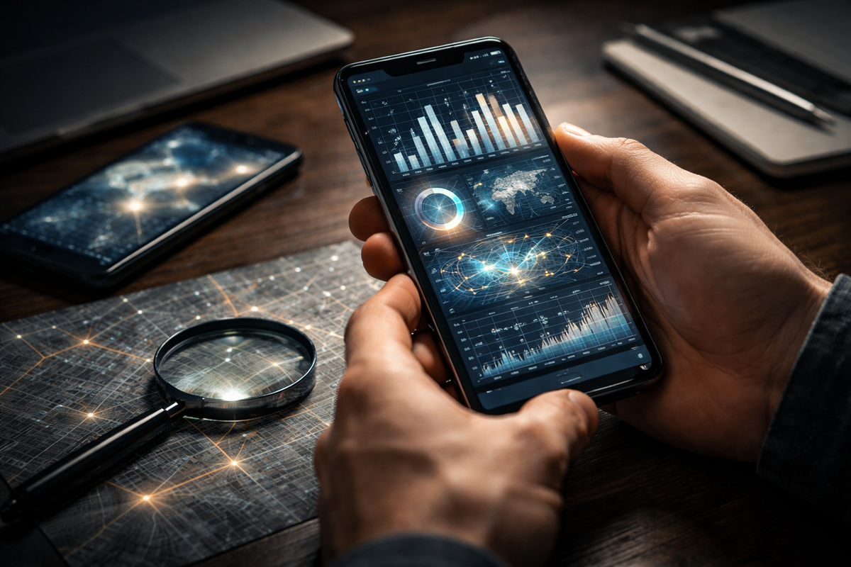 Focused hands holding smartphone with glowing analytics and network charts—precision, curiosity, and mastery in decoding hidden signal data—intense late-night insight energy